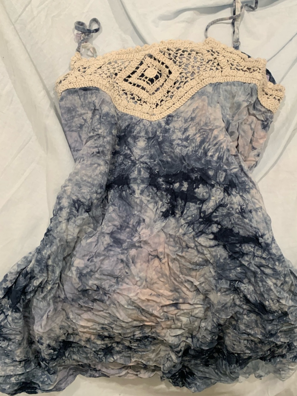 Lord & Taylor Blue and Beige Tie-Dye Crochet-Trim Camisole